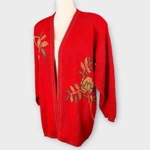 Vintage Laura By Alyzia Red & Gold Floral Cardigan Sweater L Holiday 70s retro